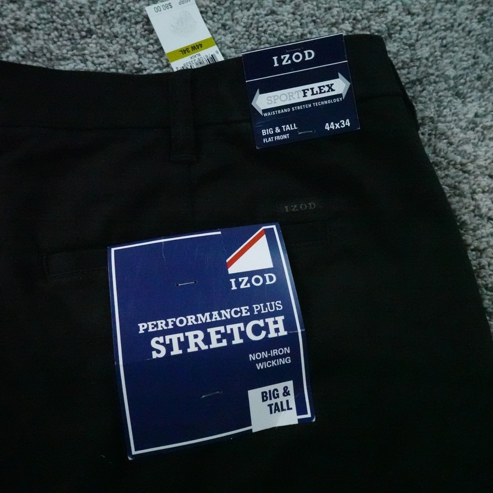 NEW IZOD Pants Mens 44X34 Black Chino Trouser Performance Stretch Flat Front